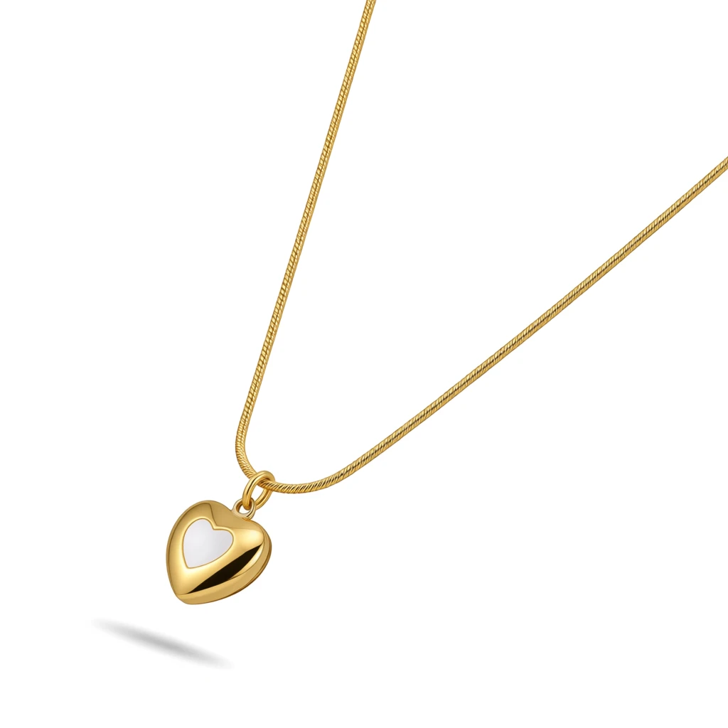 Snake Chain Necklace with Puffy Heart Shell Pearl Inlay Pendant - Image 4