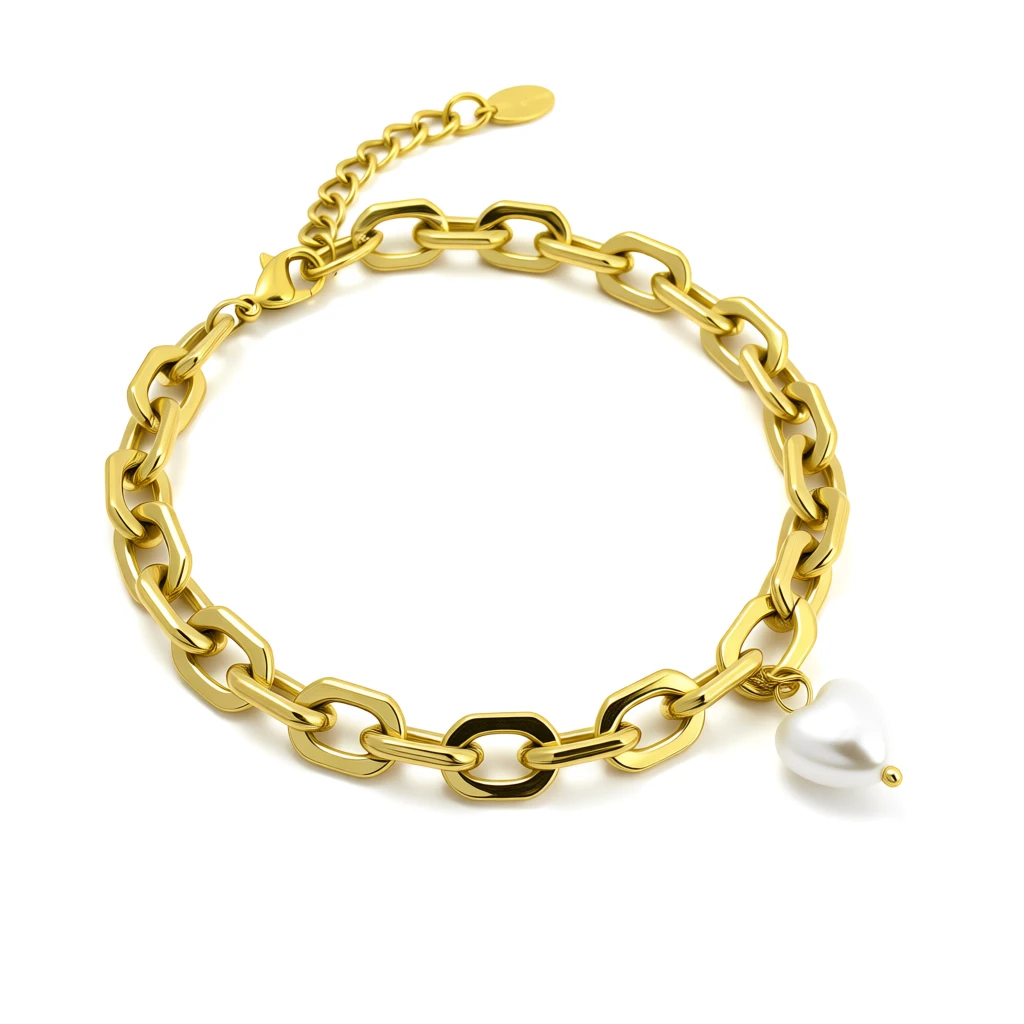 Chunky Gold Chain Bracelet with Pearl Heart Charm - Image 4