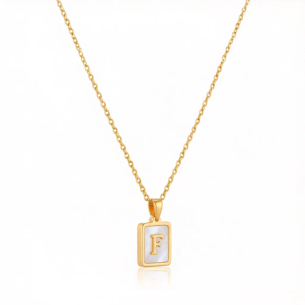 Gold Initial Letter F Mother of Pearl Rectangle Pendant Necklace - Image 4