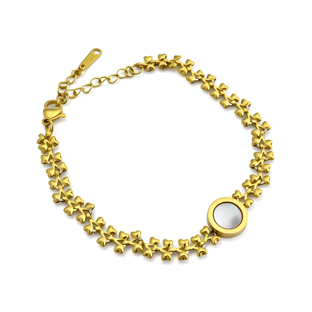 Alternative view of Heart Link Chain Bracelet with Mother of Pearl Circle Centerpiece