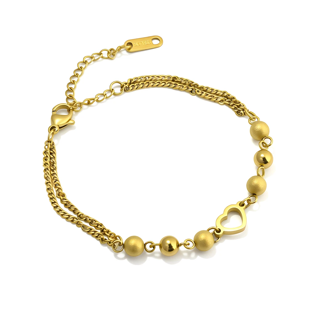 Layered Chain Bracelet with Textured Beads & Open Heart Charm - Image 4