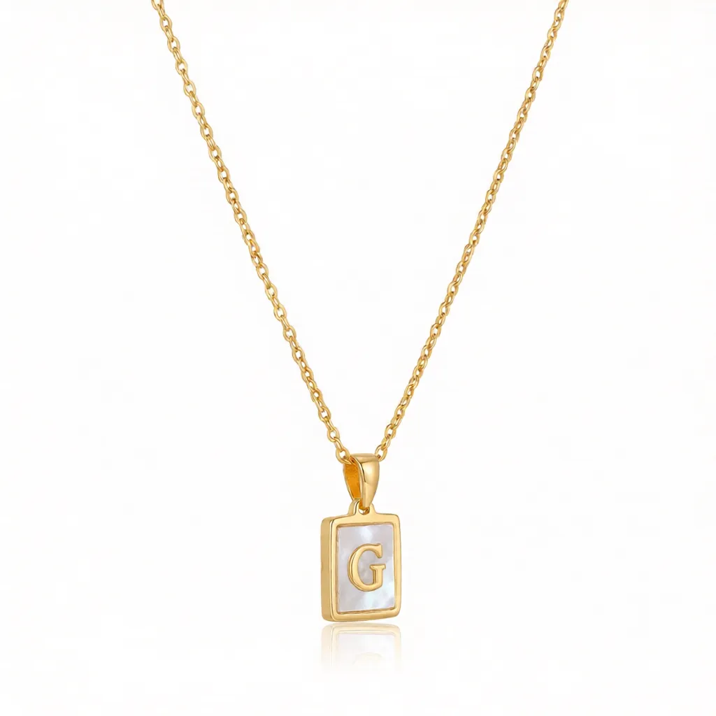 Gold Initial Letter G Mother of Pearl Rectangle Pendant Necklace - Image 4