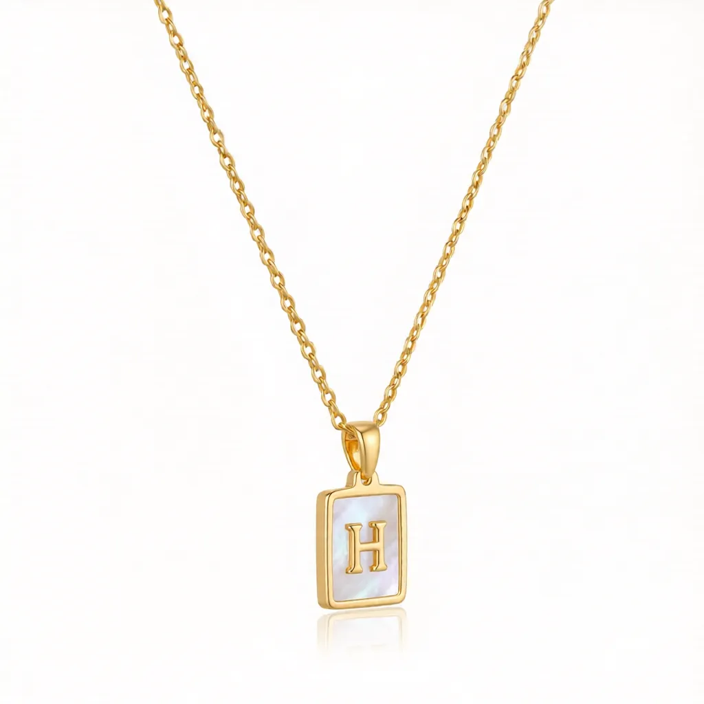 Gold Initial Letter H Mother of Pearl Rectangle Pendant Necklace - Image 4