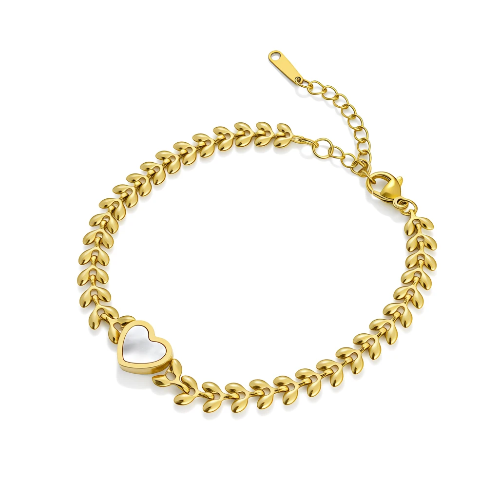 Alternative view of Gold Leaf Link Bracelet with Mother of Pearl Heart Charm