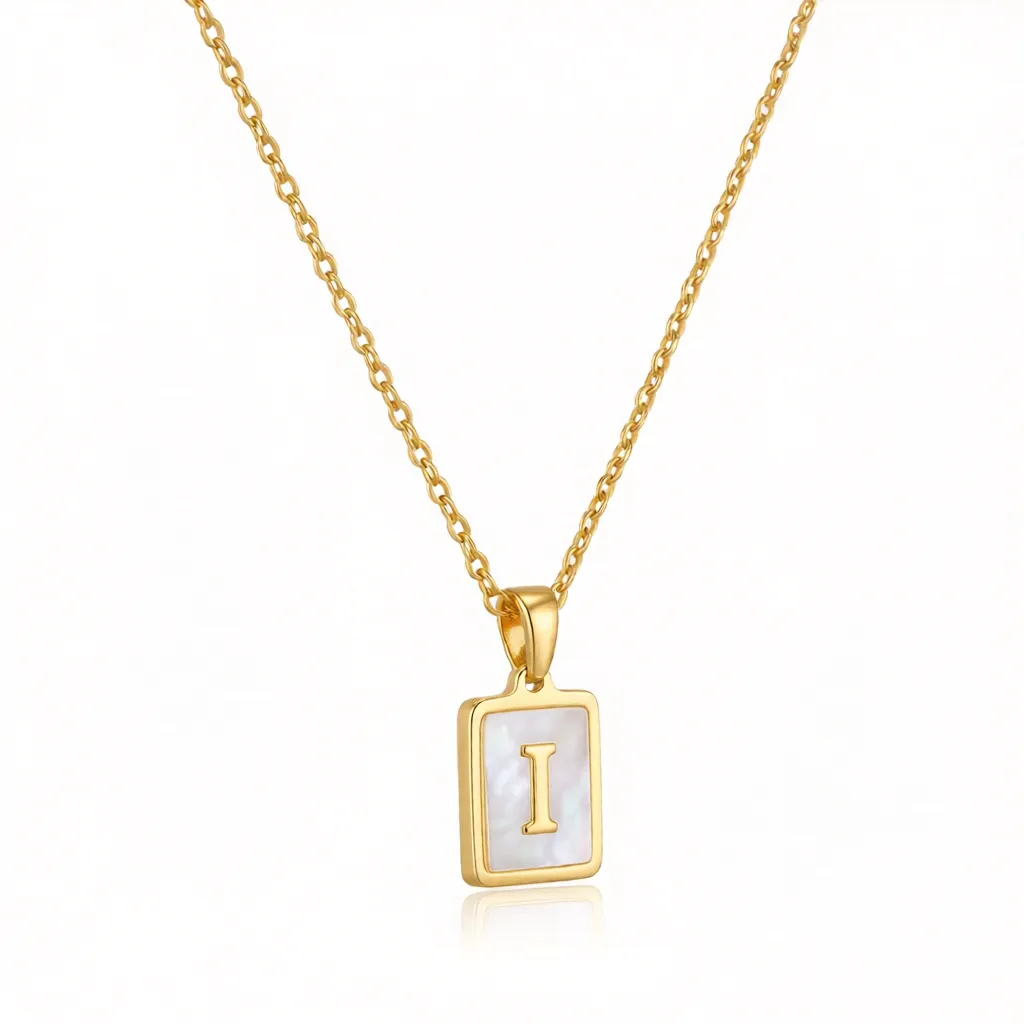 Gold Initial Letter I Mother of Pearl Rectangle Pendant Necklace - Image 4