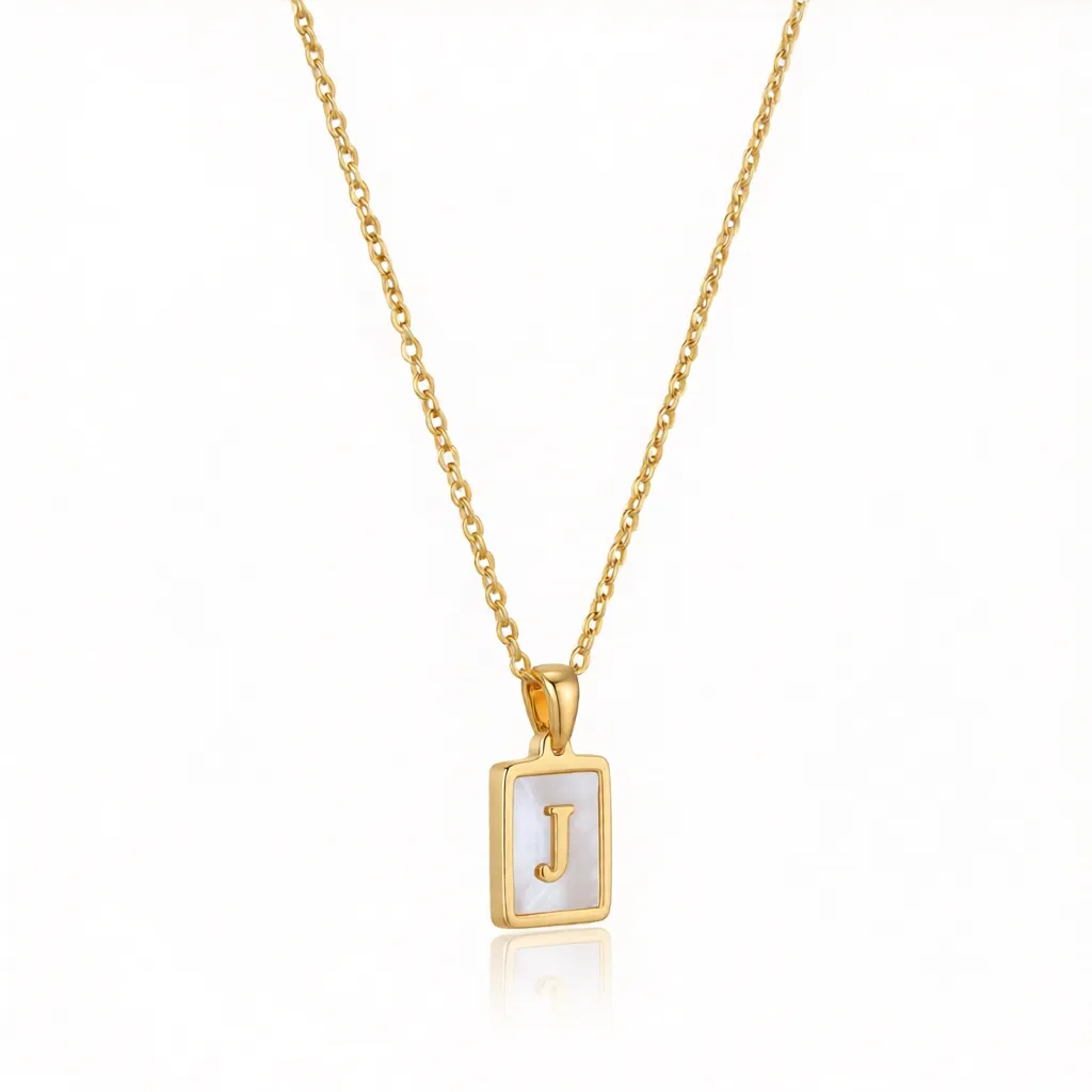 Gold Initial Letter J Mother of Pearl Rectangle Pendant Necklace - Image 4