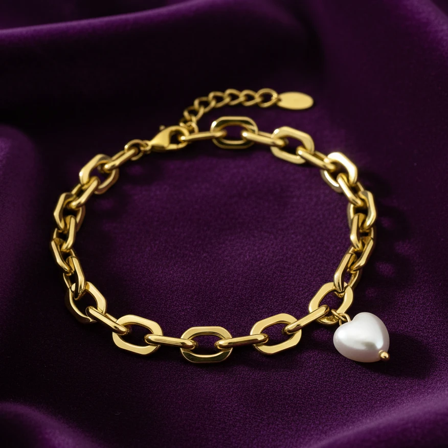 Chunky Gold Chain Bracelet with Pearl Heart Charm - Image 5