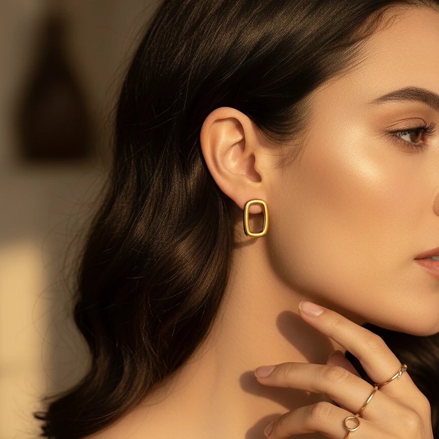 Alternative view of Modern Rounded Rectangle Gold Stud Earrings