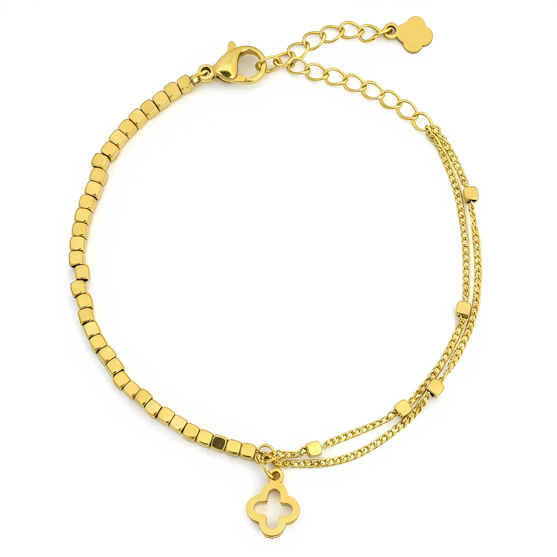 Gold Mixed Chain Bracelet with Clover Charm & Geometric Bead Accents
