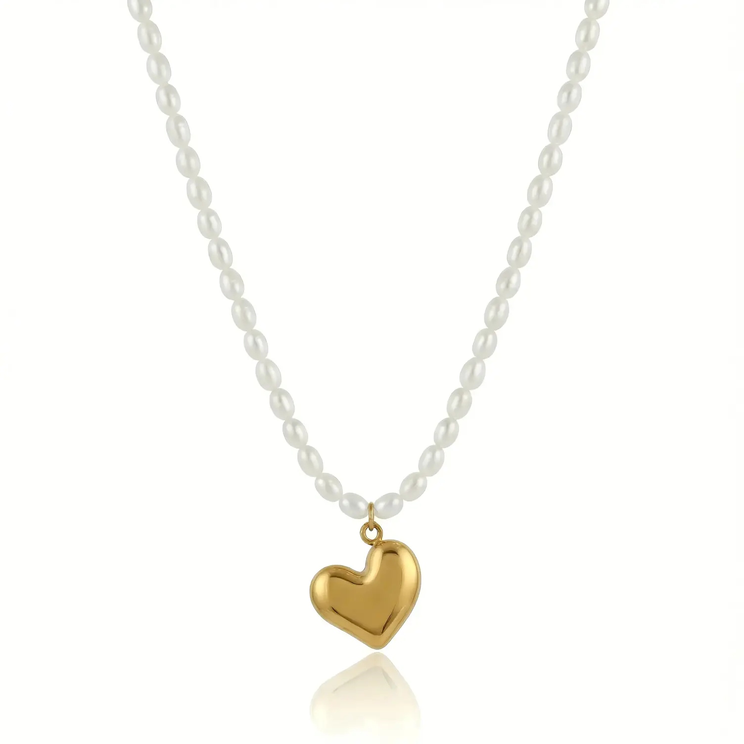 White Pearl Strand Necklace with Large Polished Puffy Heart Charm