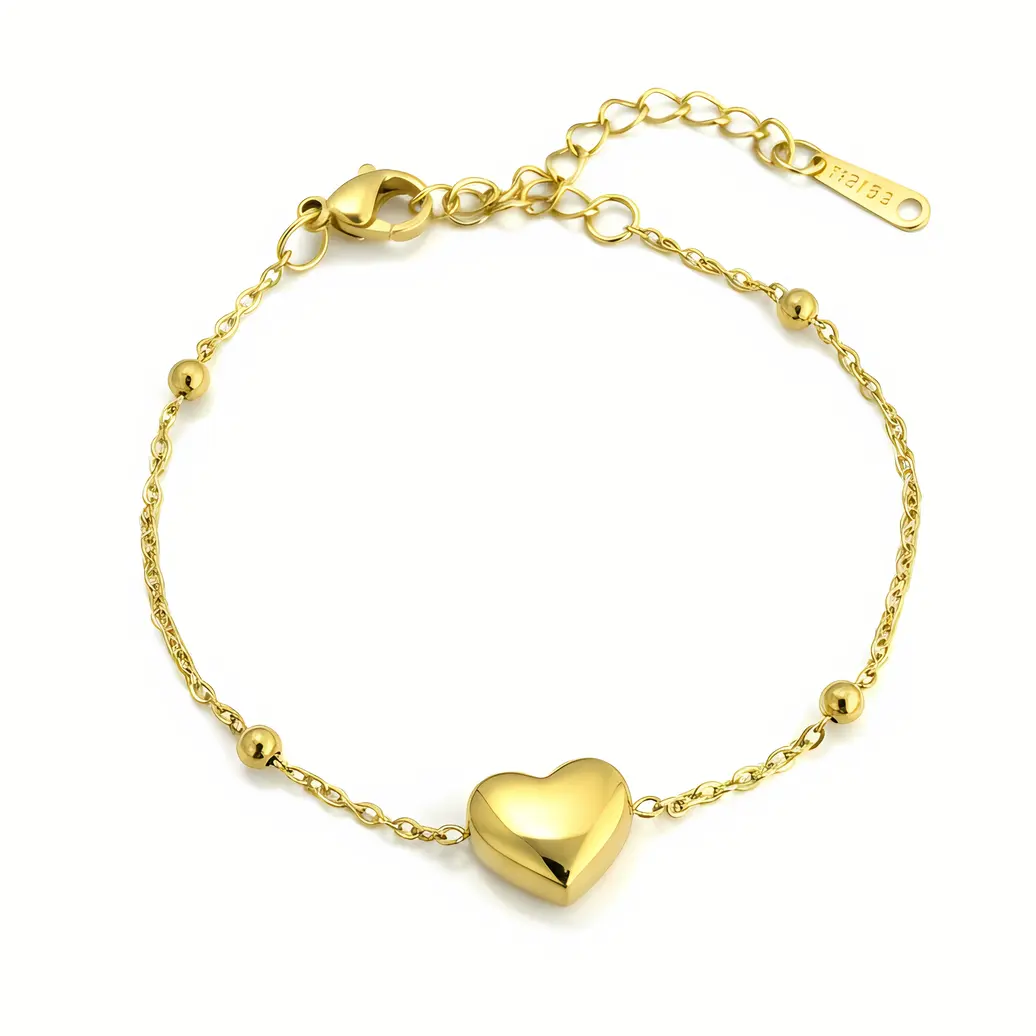 Gold Chain Bracelet with Heart Charm & Beaded Accents