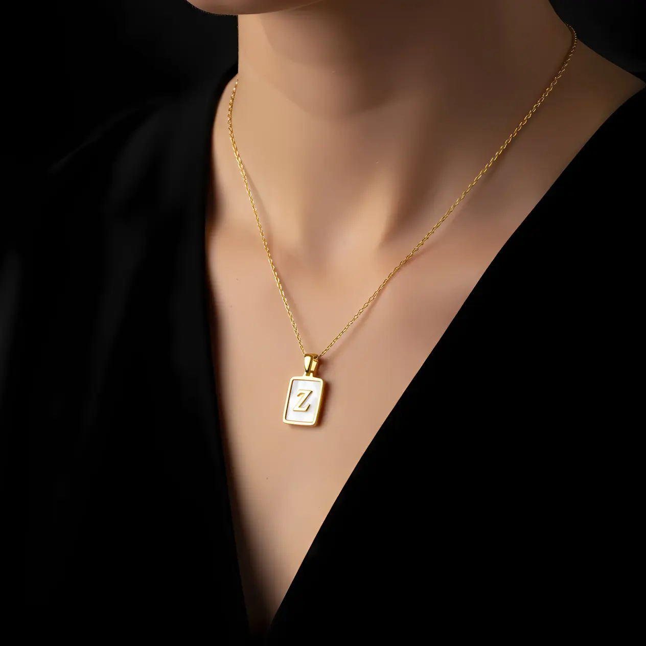 Alternative view of Gold Initial Letter Z Mother of Pearl Rectangle Pendant Necklace