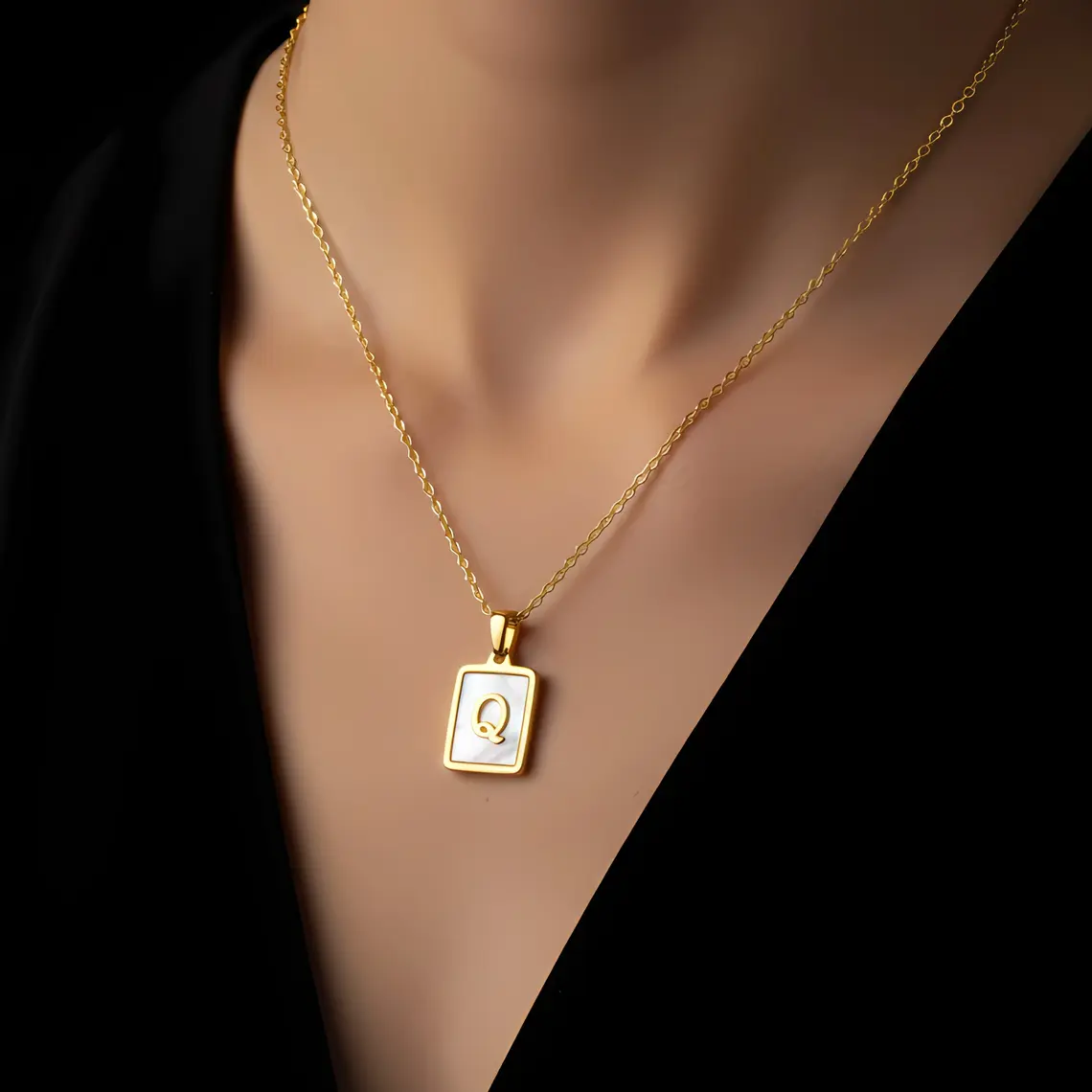 Alternative view of Gold Initial Letter Q Mother of Pearl Rectangle Pendant Necklace