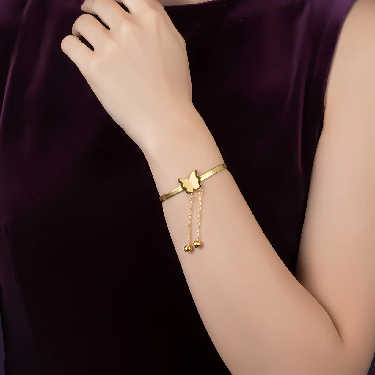 Alternative view of Snake Chain Bracelet with Butterfly Charm & Dangling Bead