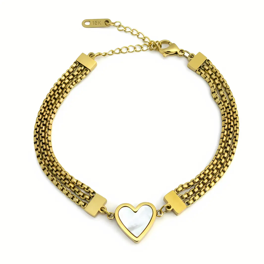 Gold MultiChain Bracelet with Pearl Heart Charm