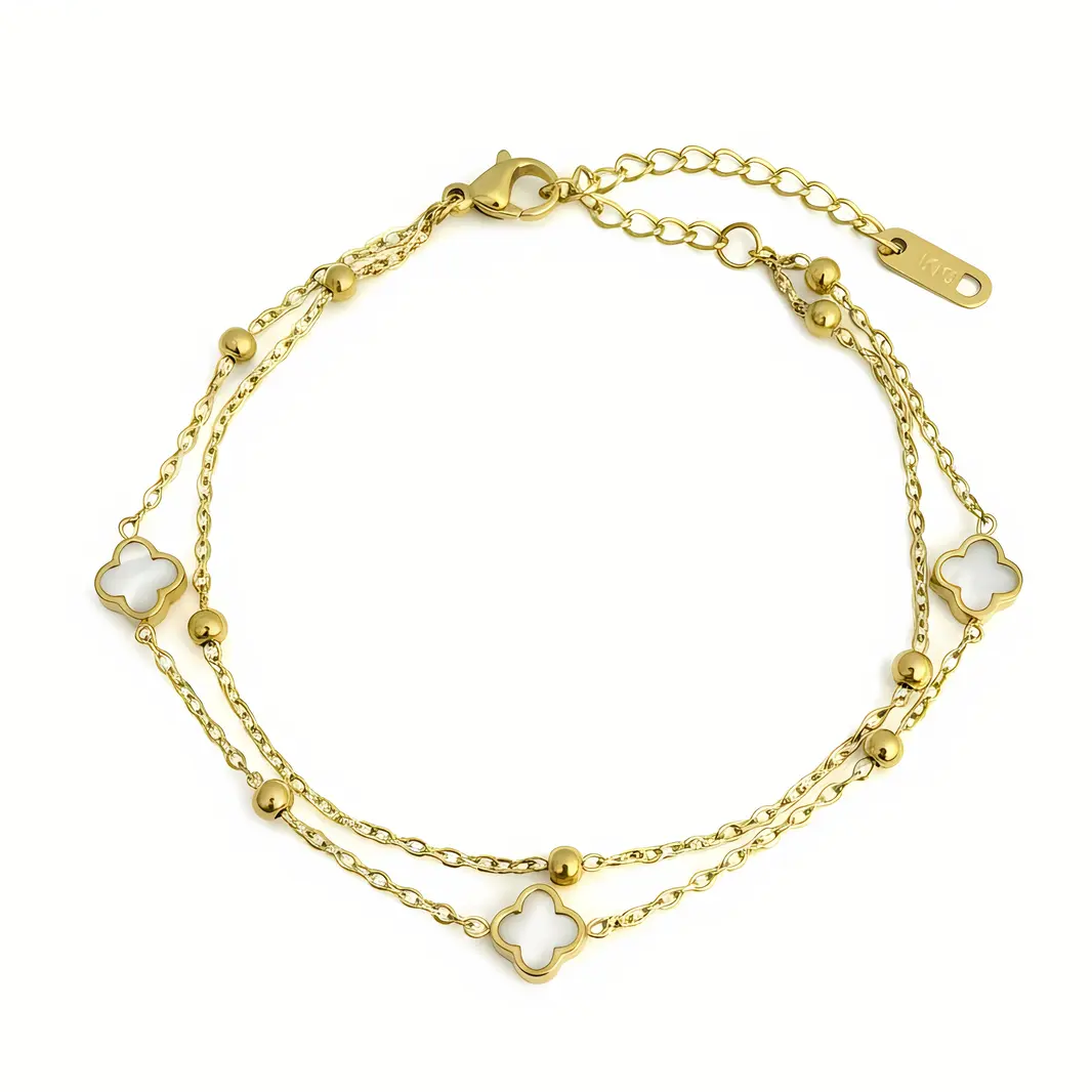 Double Layer Bracelet with White Clover & Ball Beads