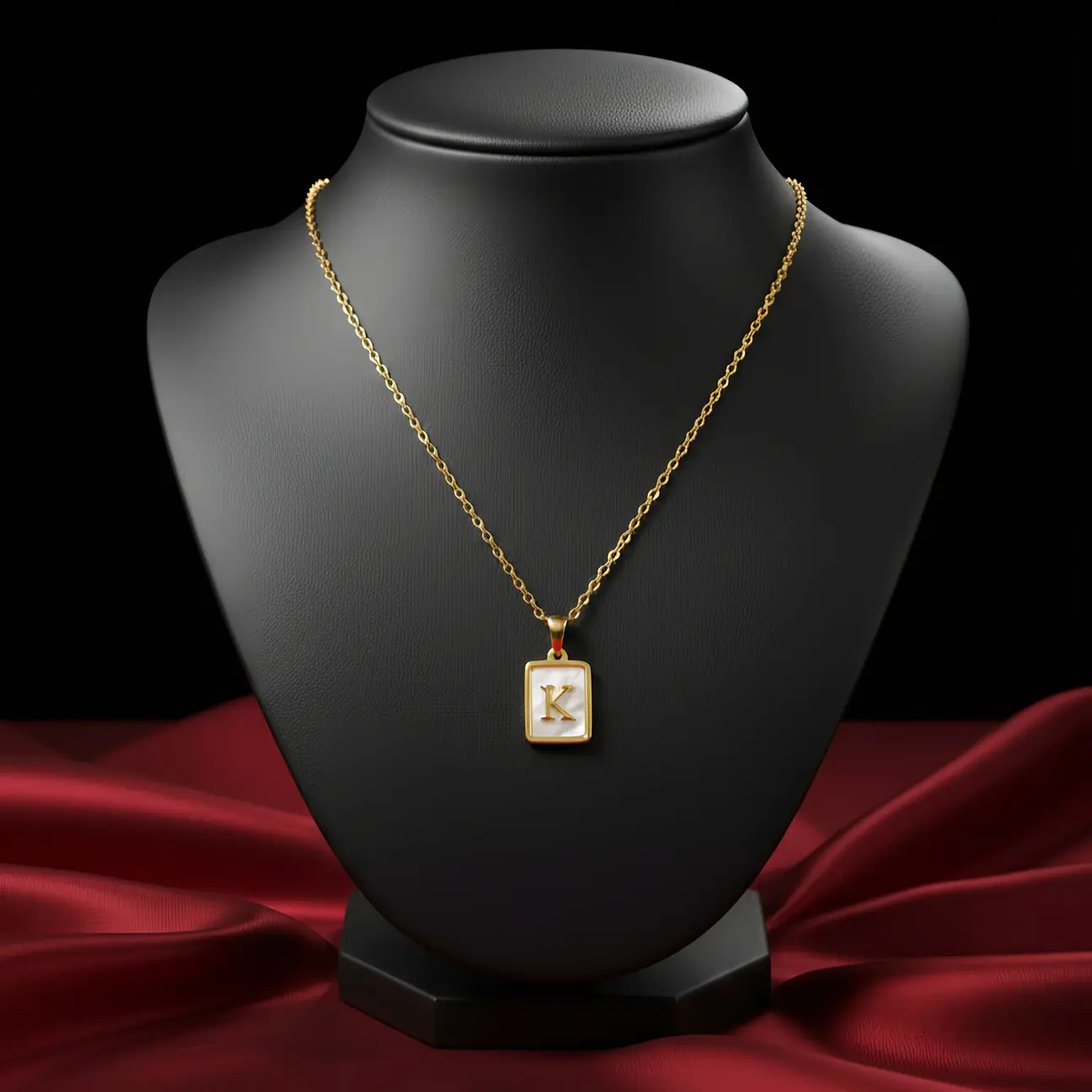 Gold Initial Letter K Mother of Pearl Rectangle Pendant Necklace - Image 3