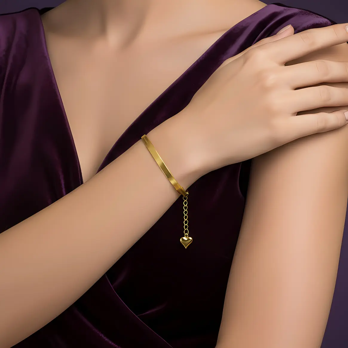 Alternative view of Gold Herringbone Flat Snake Bracelet with Heart Charm