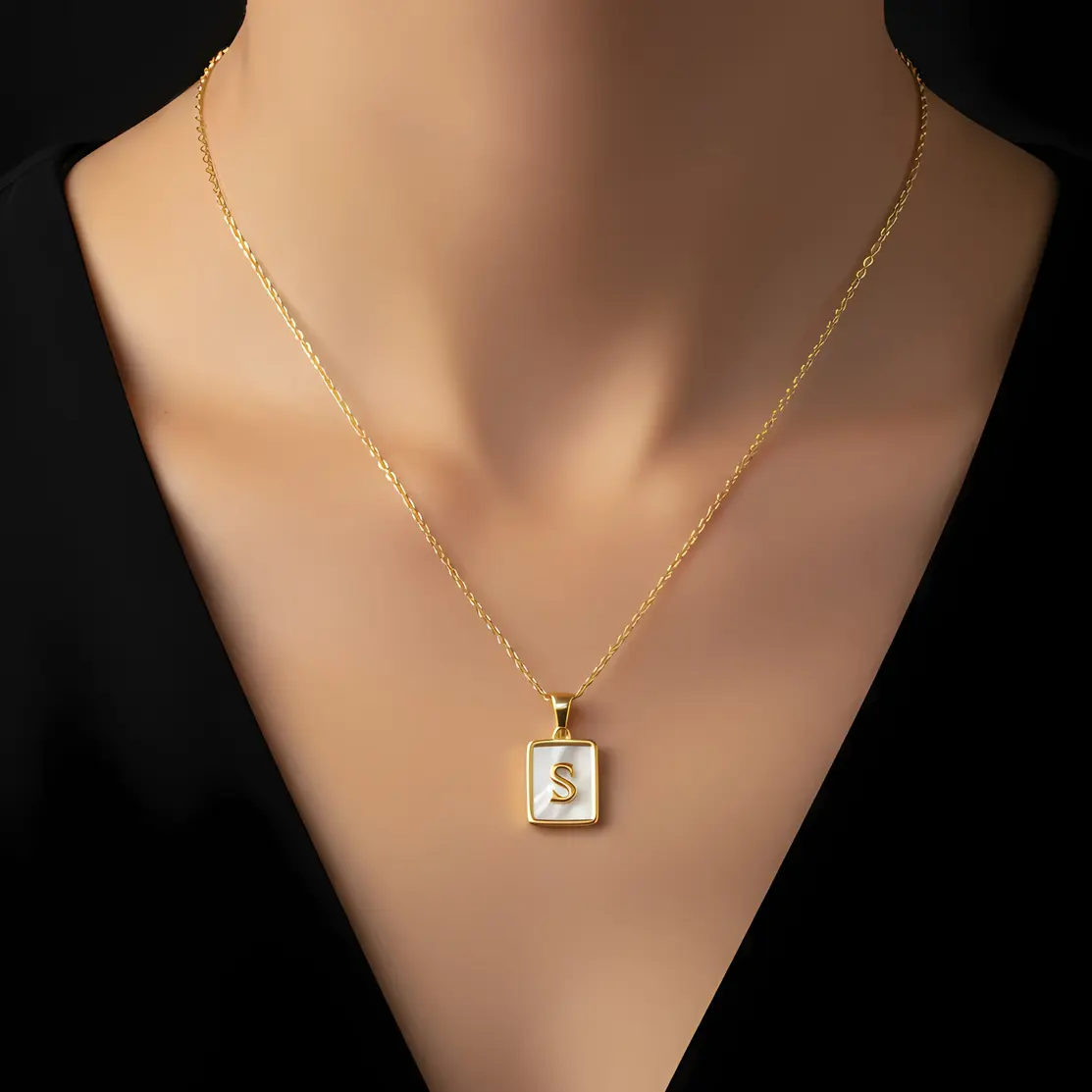 Alternative view of Gold Initial Letter S Mother of Pearl Rectangle Pendant Necklace