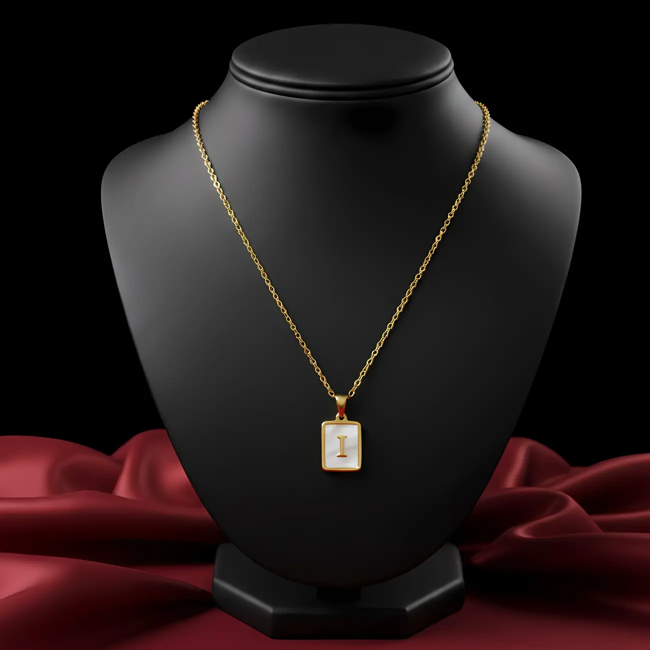 Gold Initial Letter I Mother of Pearl Rectangle Pendant Necklace - Image 3