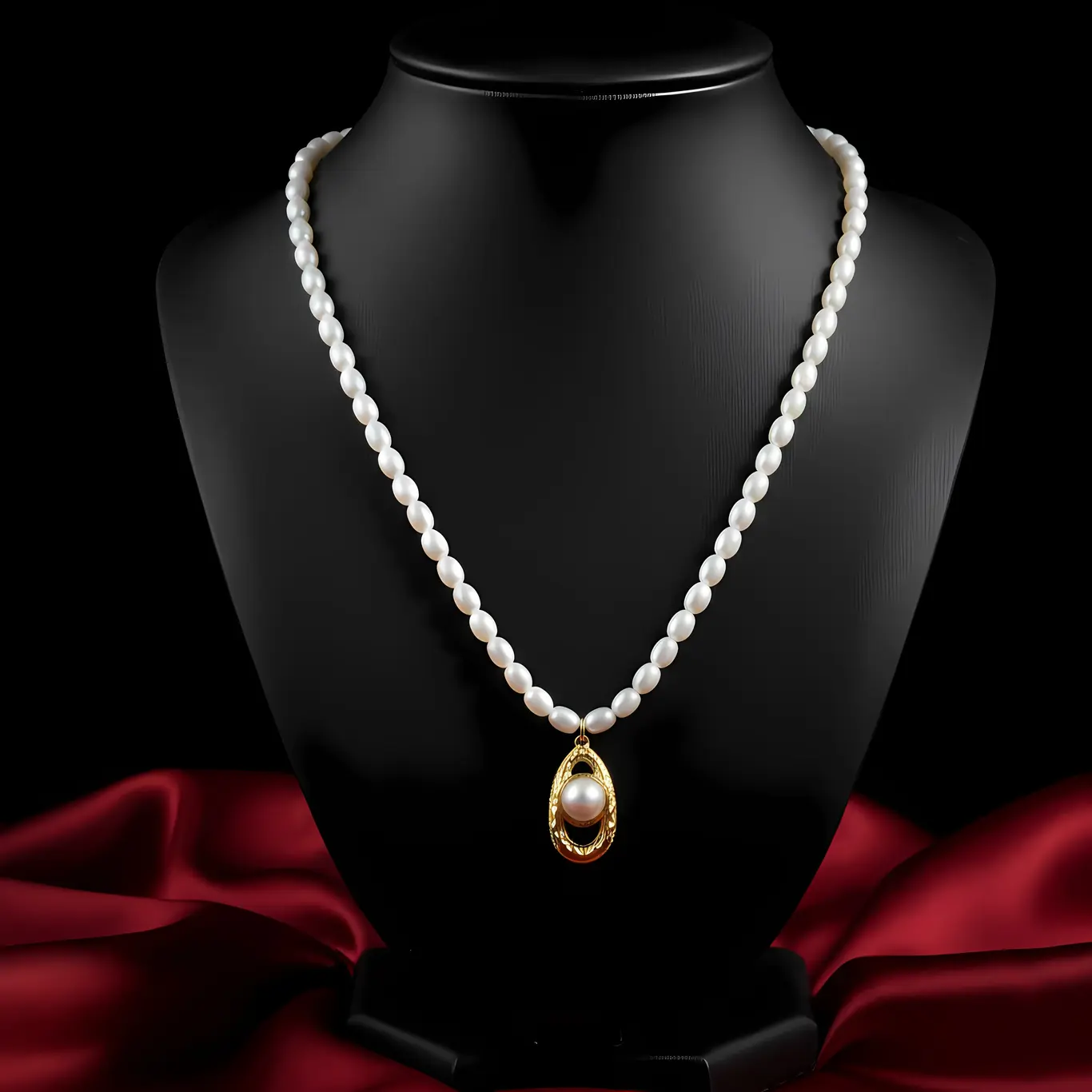 Pearl Beaded Necklace with Hammered Oval Pearl Pendant - Image 3