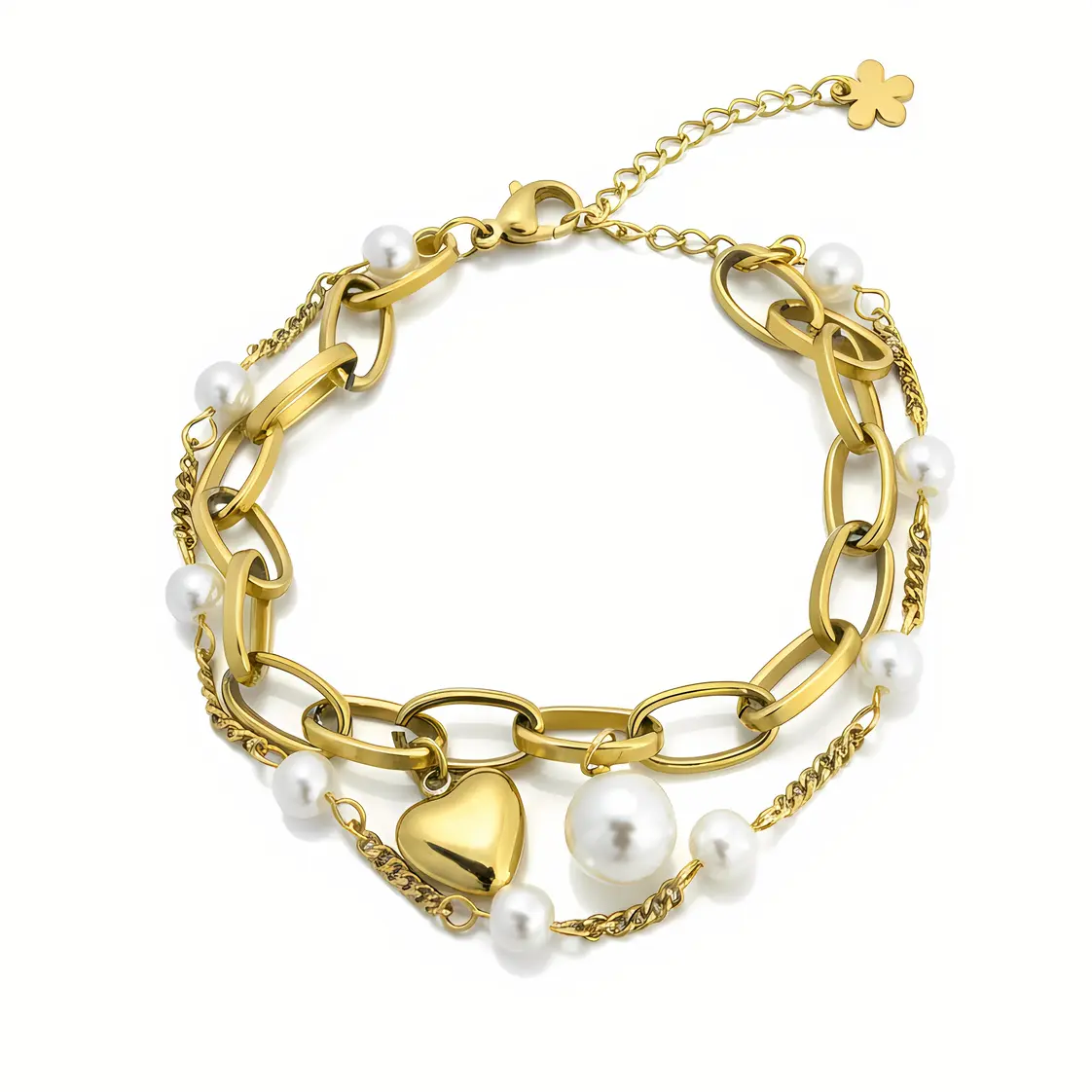 Gold Layered Link Bracelet with Pearl Accents & Heart Charm