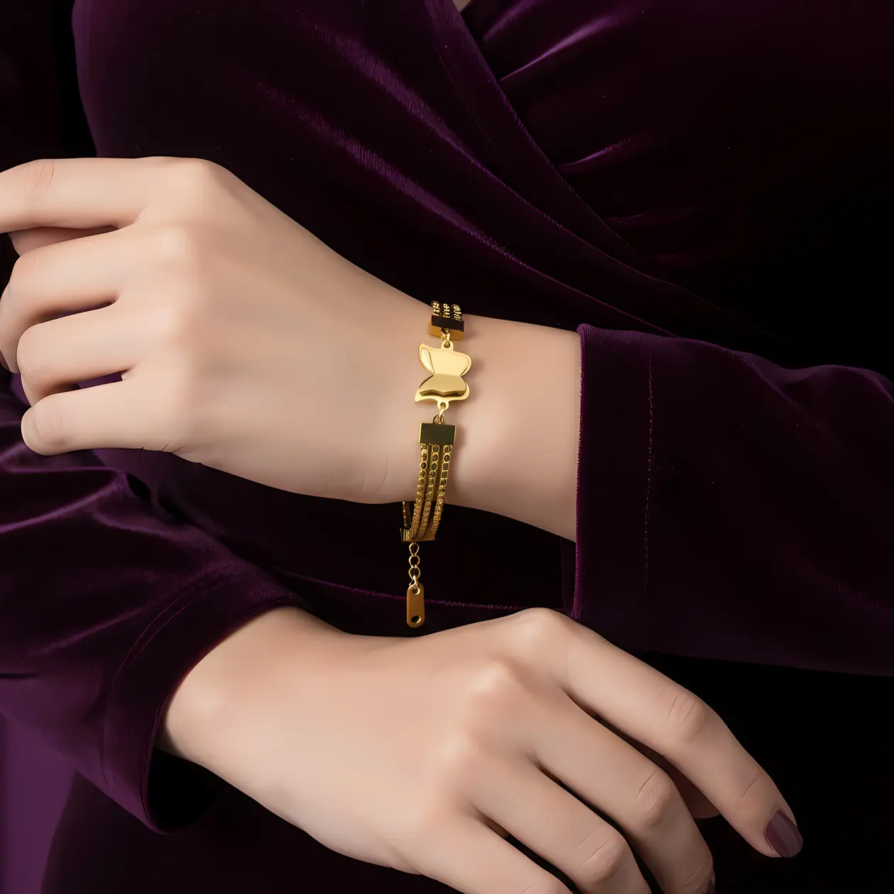 Alternative view of Gold Multi-Chain Bracelet with Butterfly Charm Accent