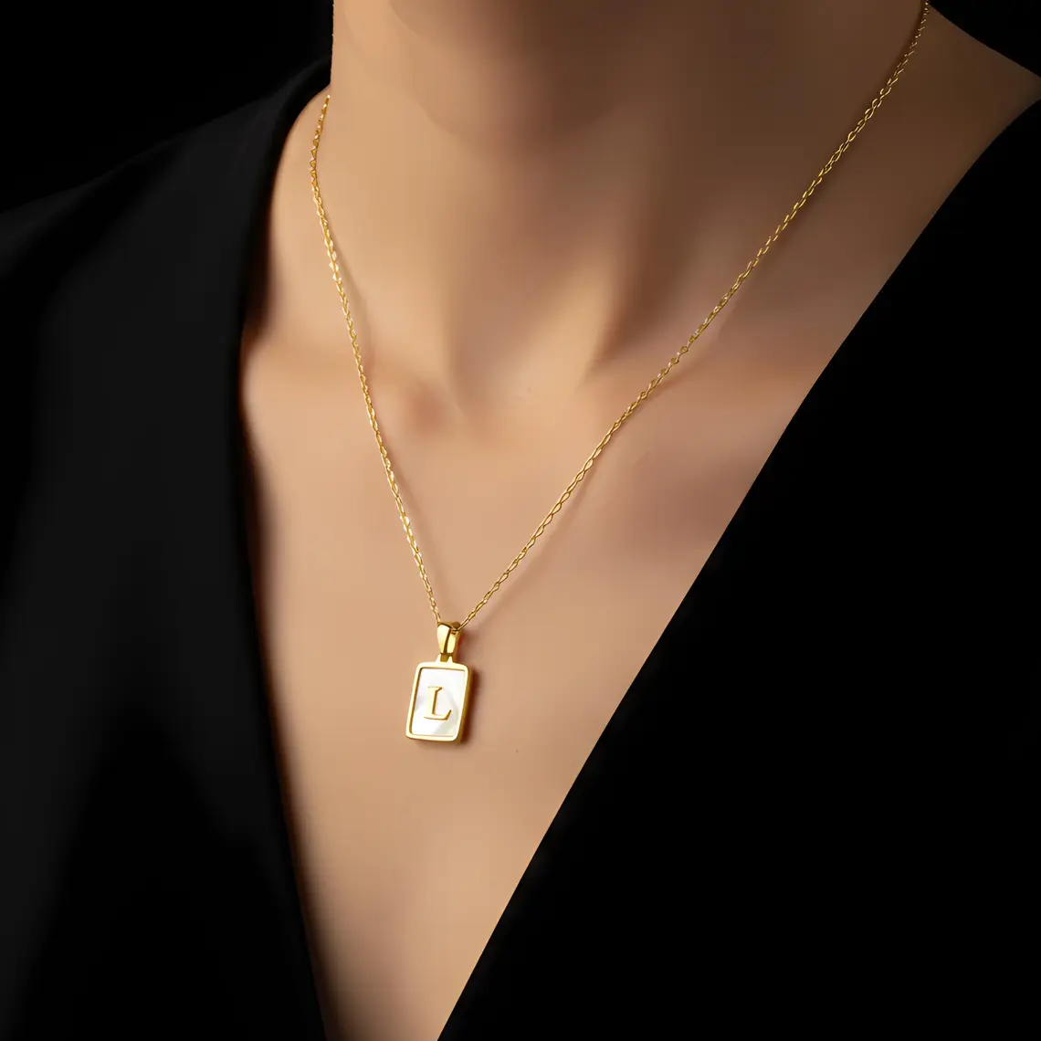 Alternative view of Gold Initial Letter L Mother of Pearl Rectangle Pendant Necklace