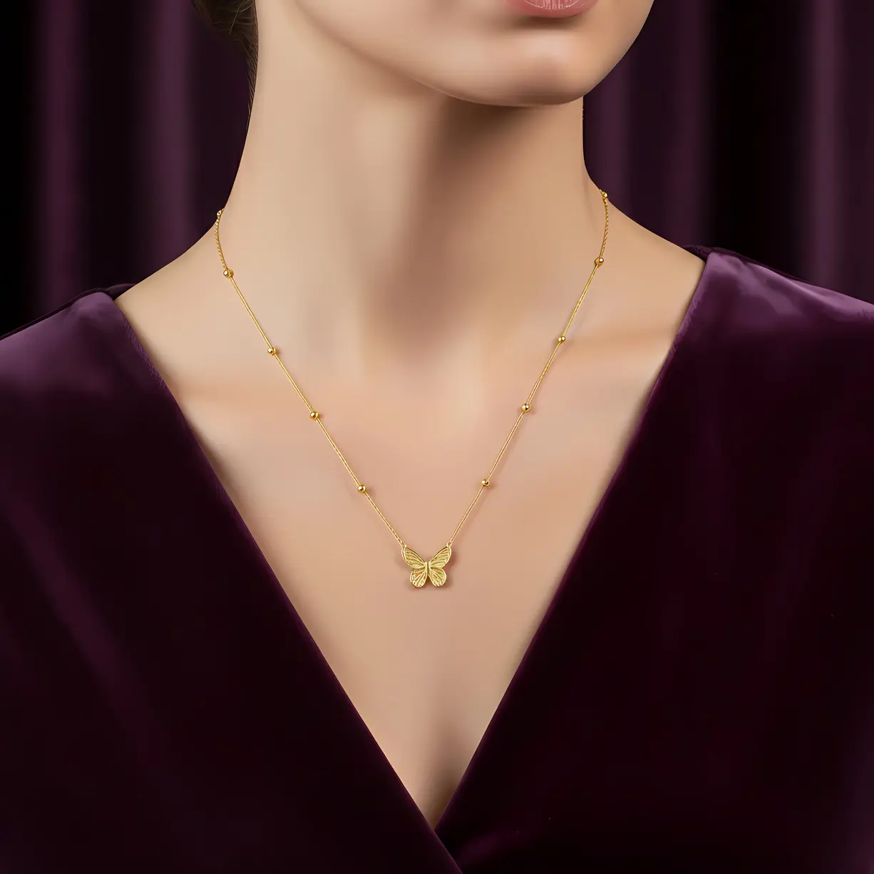 Alternative view of Dainty Gold Butterfly Pendant Necklace with Beaded Chain