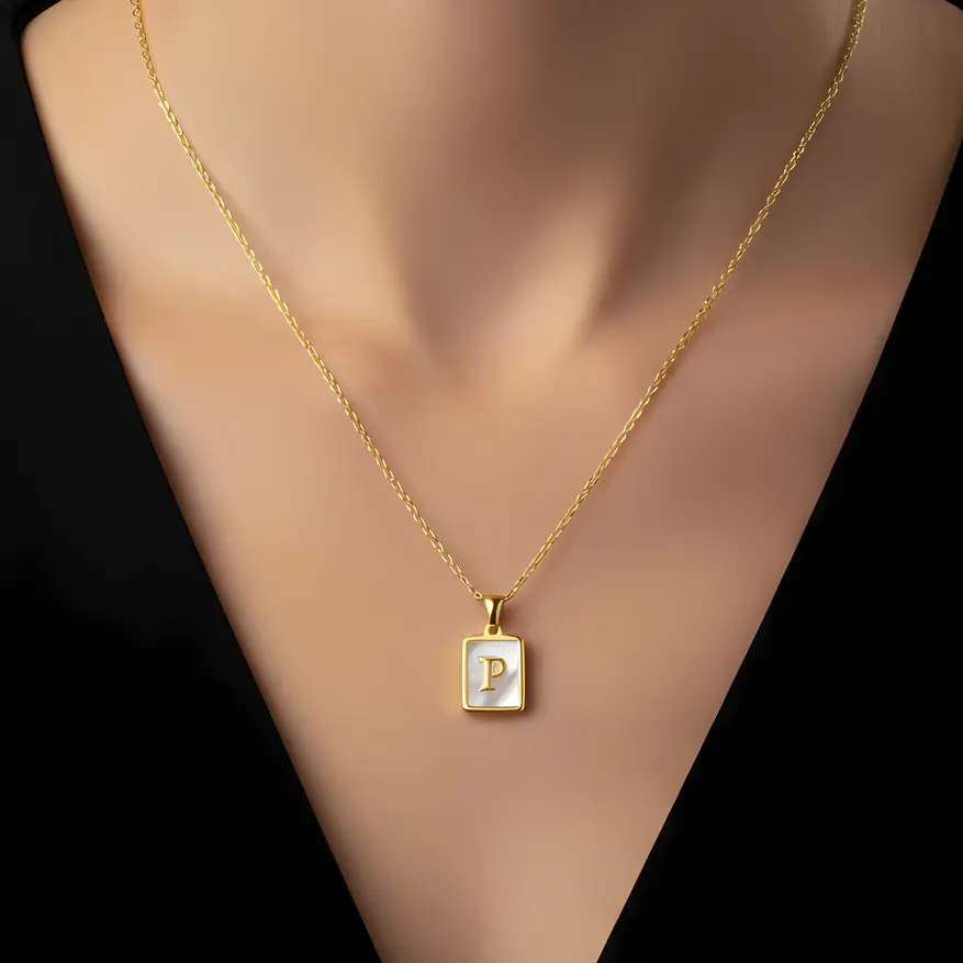 Alternative view of Gold Initial Letter P Mother of Pearl Rectangle Pendant Necklace