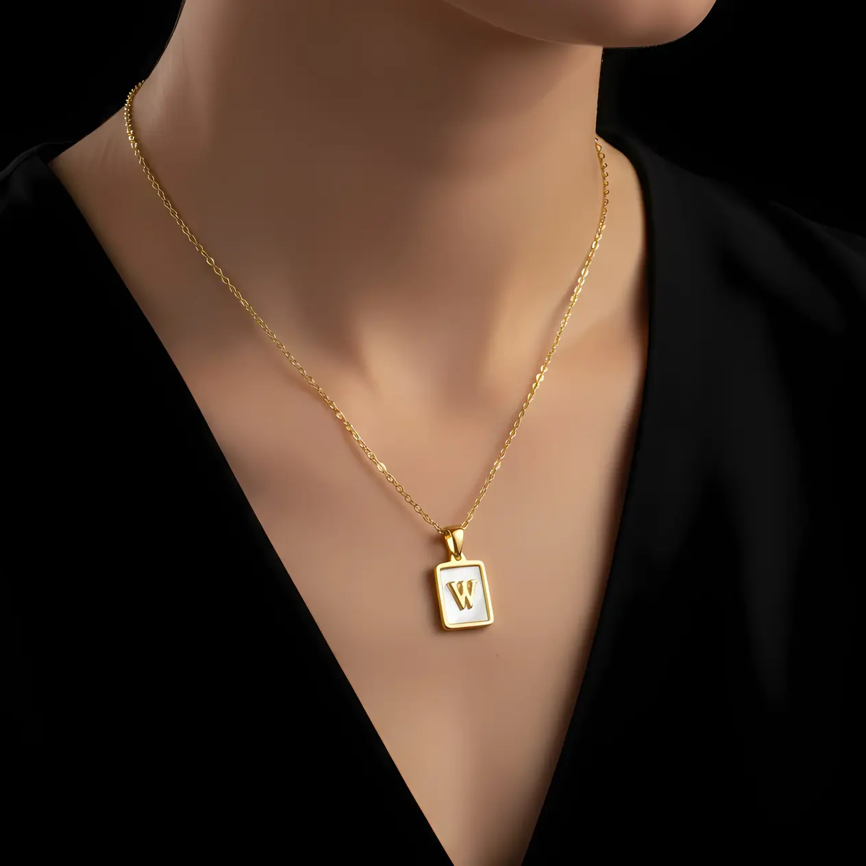 Alternative view of Gold Initial Letter W Mother of Pearl Rectangle Pendant Necklace