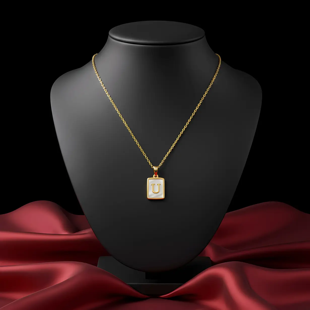 Gold Initial Letter U Mother of Pearl Rectangle Pendant Necklace - Image 3