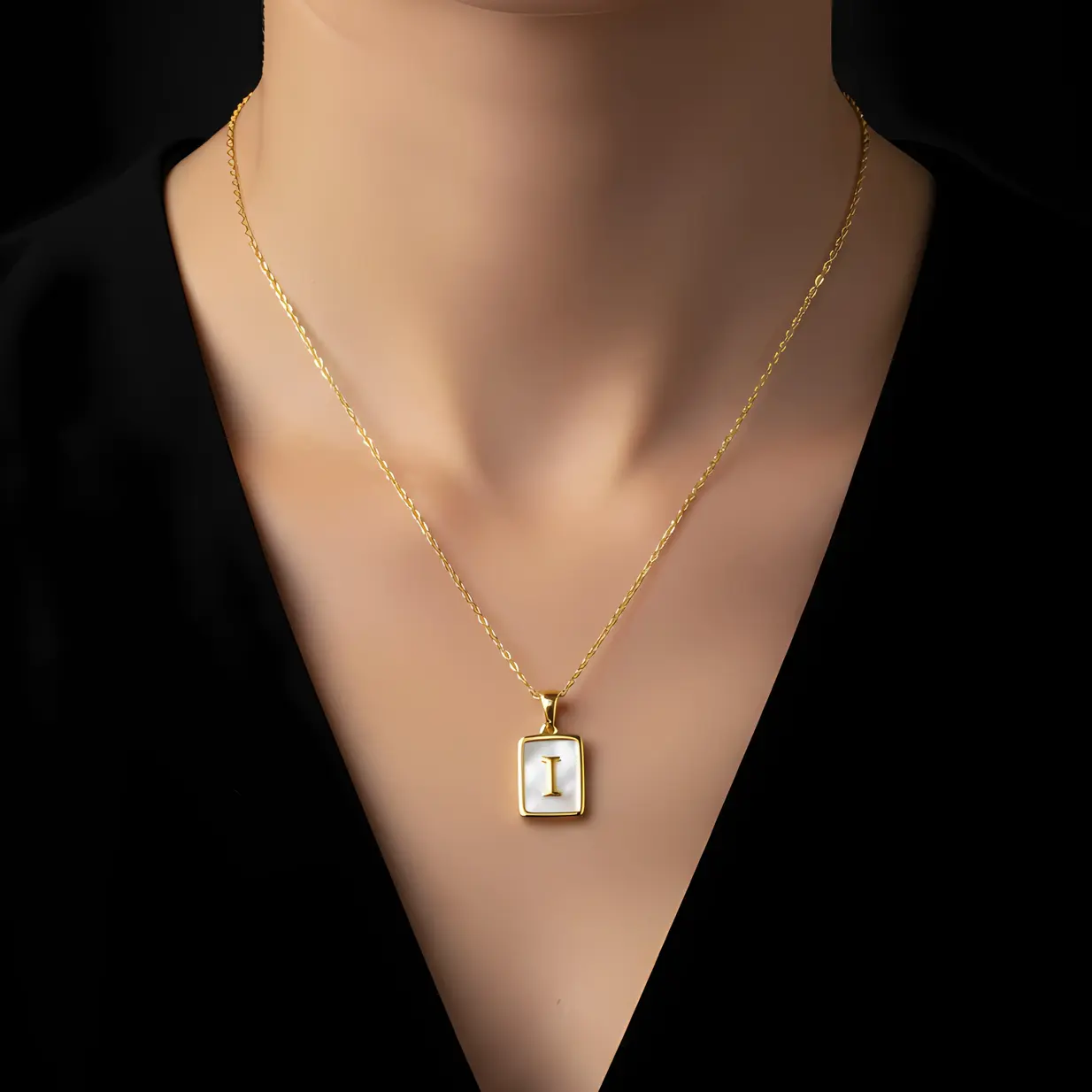 Alternative view of Gold Initial Letter I Mother of Pearl Rectangle Pendant Necklace