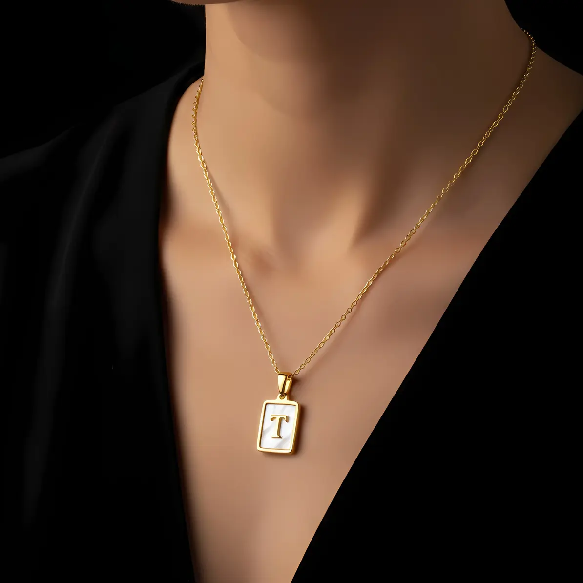 Alternative view of Gold Initial Letter T Mother of Pearl Rectangle Pendant Necklace
