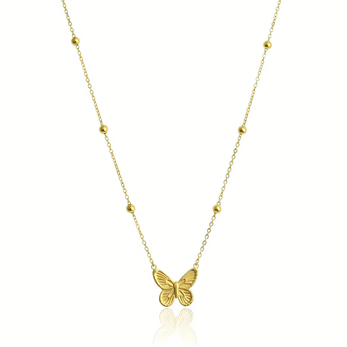 Dainty Gold Butterfly Pendant Necklace with Beaded Chain