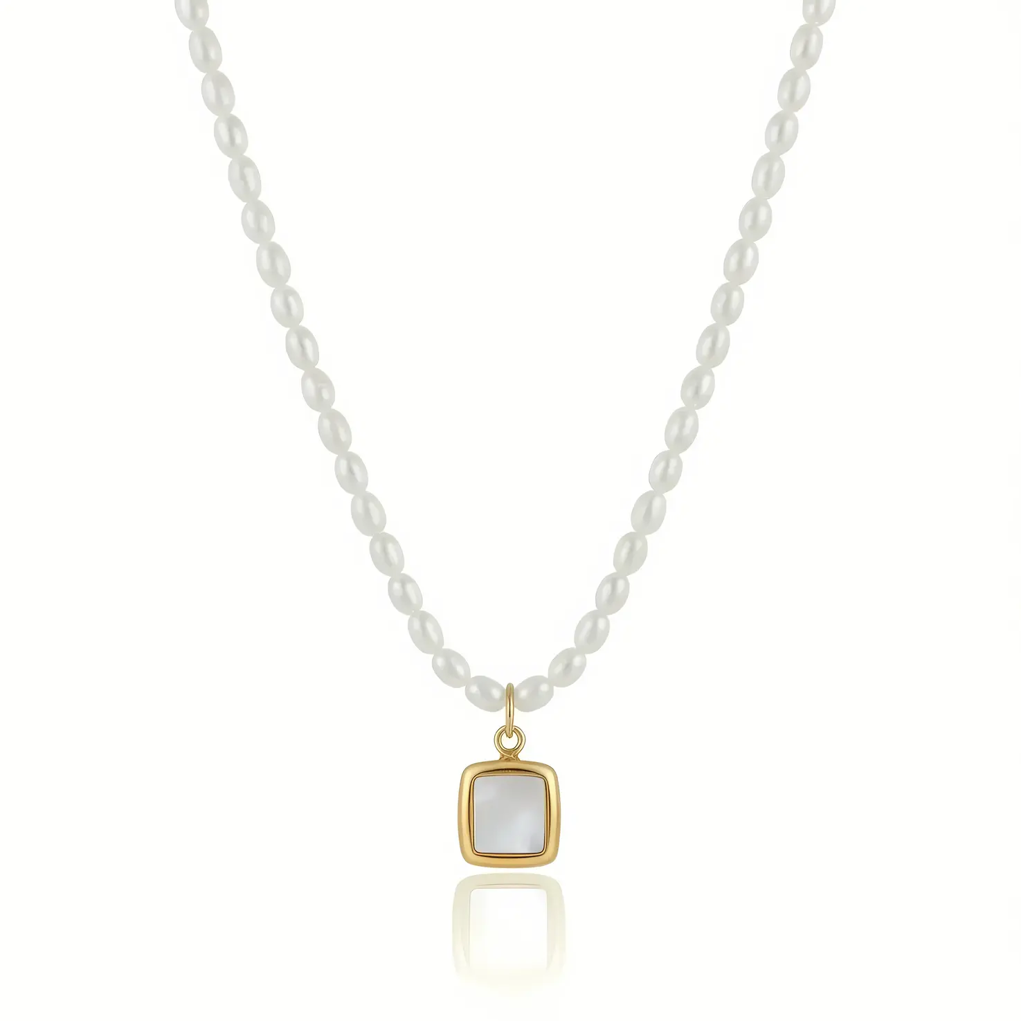 Pearl Beaded Necklace with Shell Pearl Square Pendant