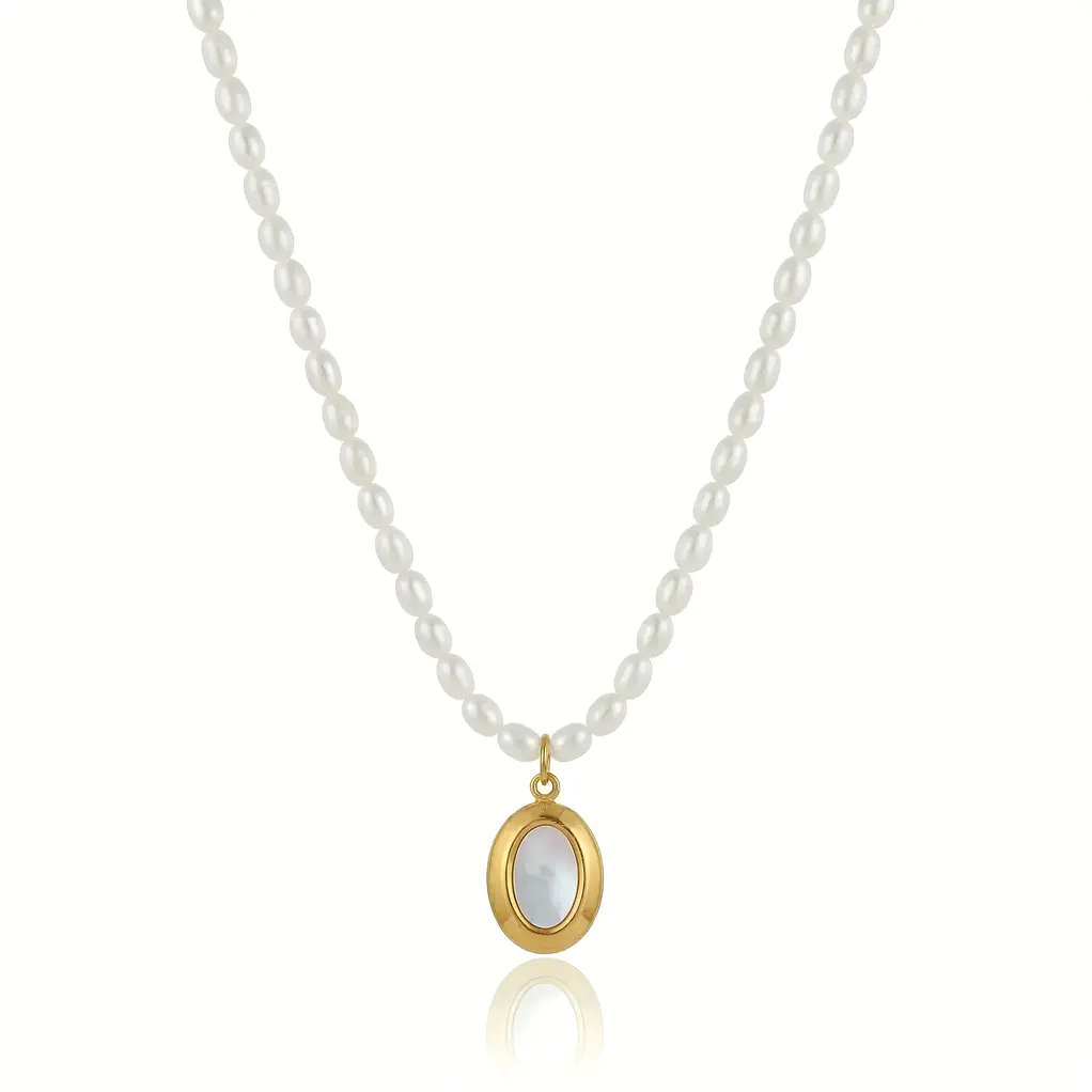 White Pearl Strand Necklace with Shell Pearl Oval Frame Charm