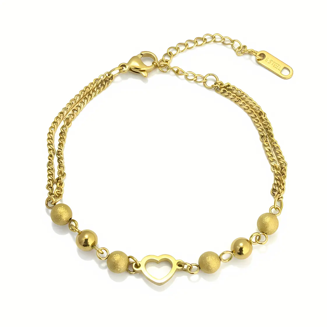 Layered Chain Bracelet with Textured Beads & Open Heart Charm