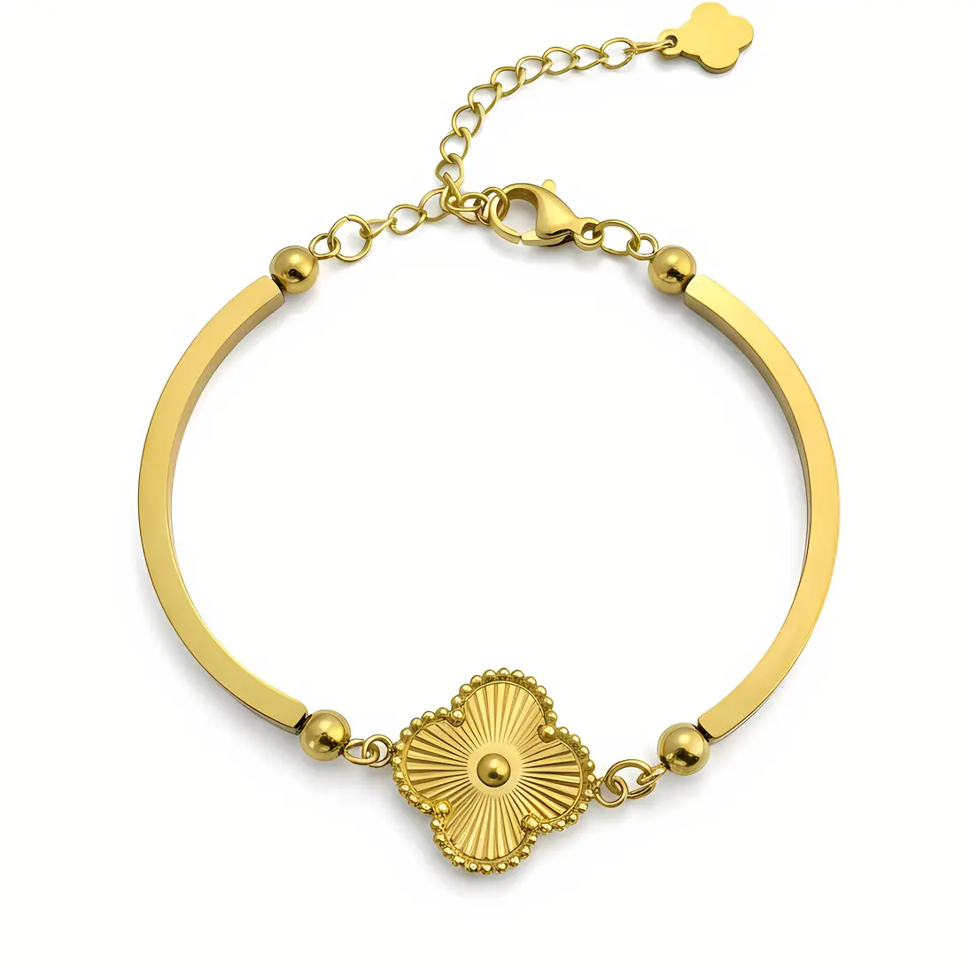 Gold Bangle-Style Bracelet with Textured Clover Motif