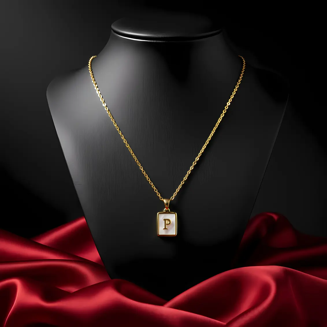 Gold Initial Letter P Mother of Pearl Rectangle Pendant Necklace - Image 3