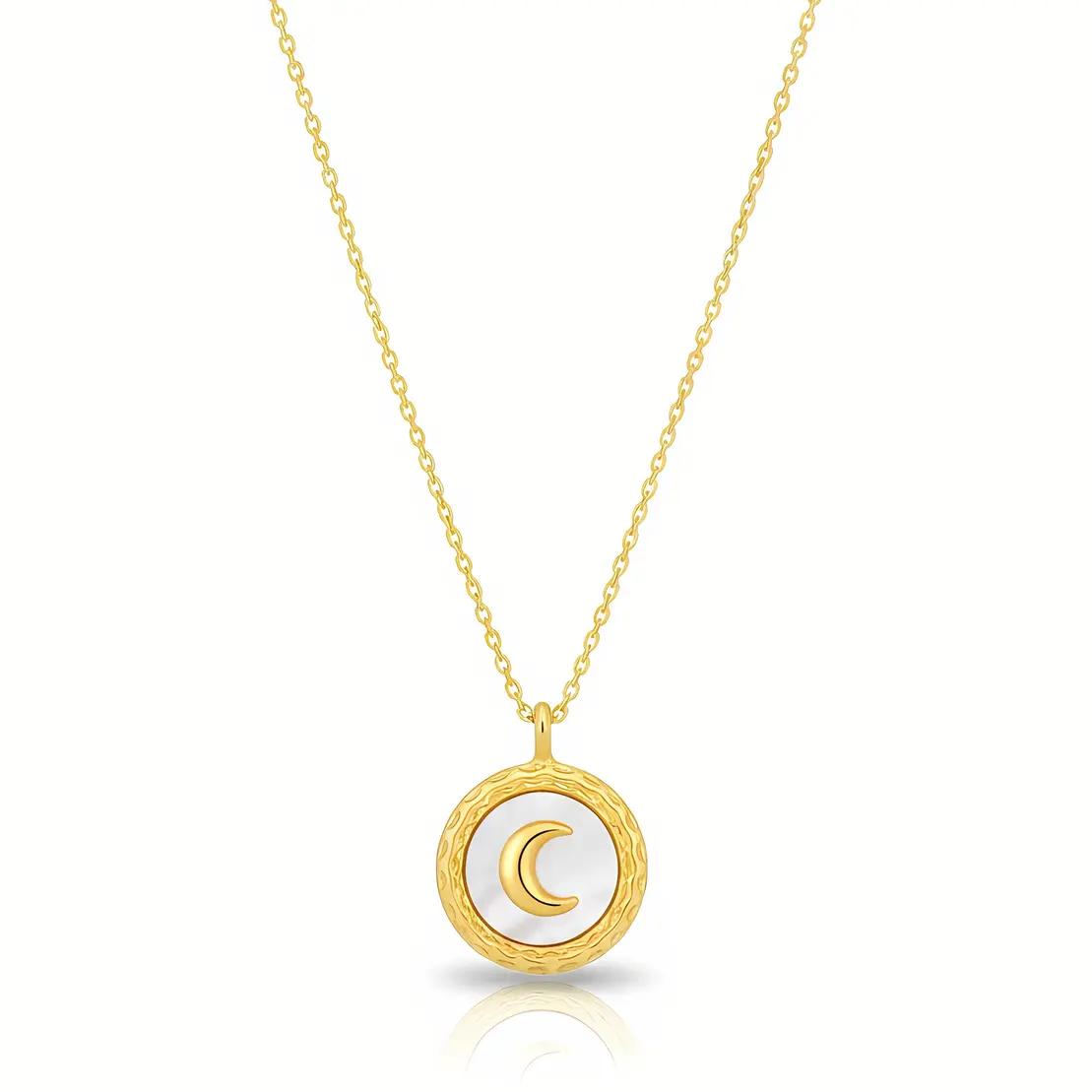 Gold Crescent Moon Mother of Pearl Disc Pendant Necklace