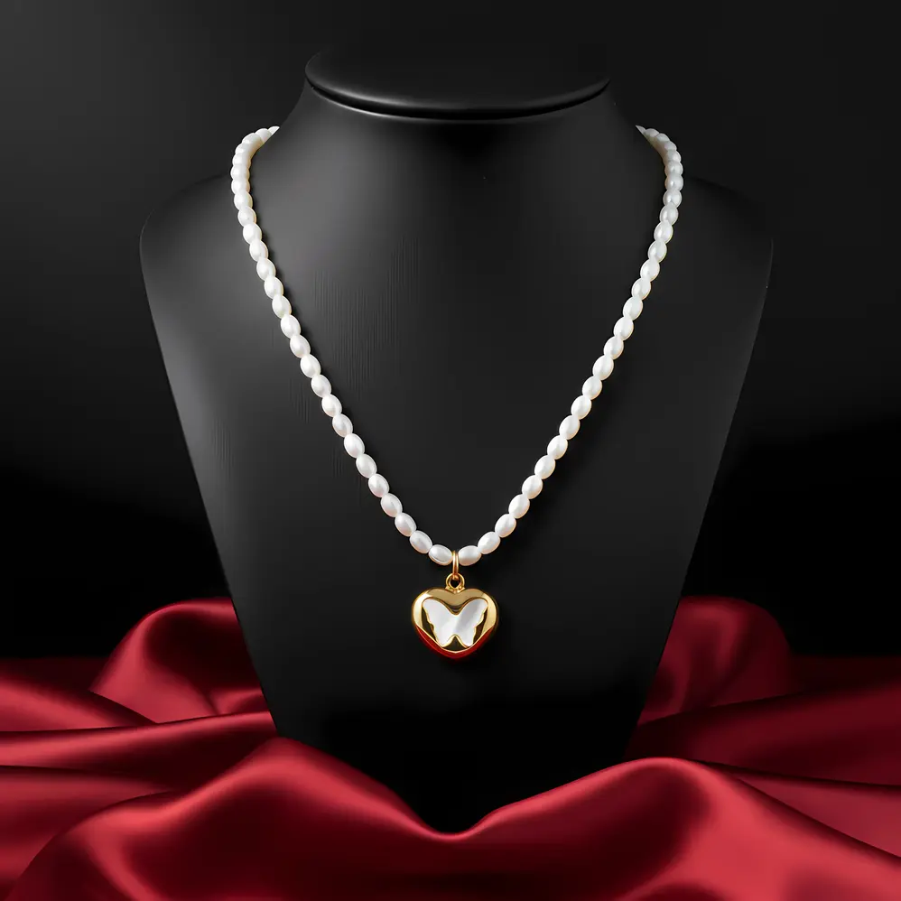 White Pearl Strand Necklace with Puffy Heart Butterfly Charm - Image 3