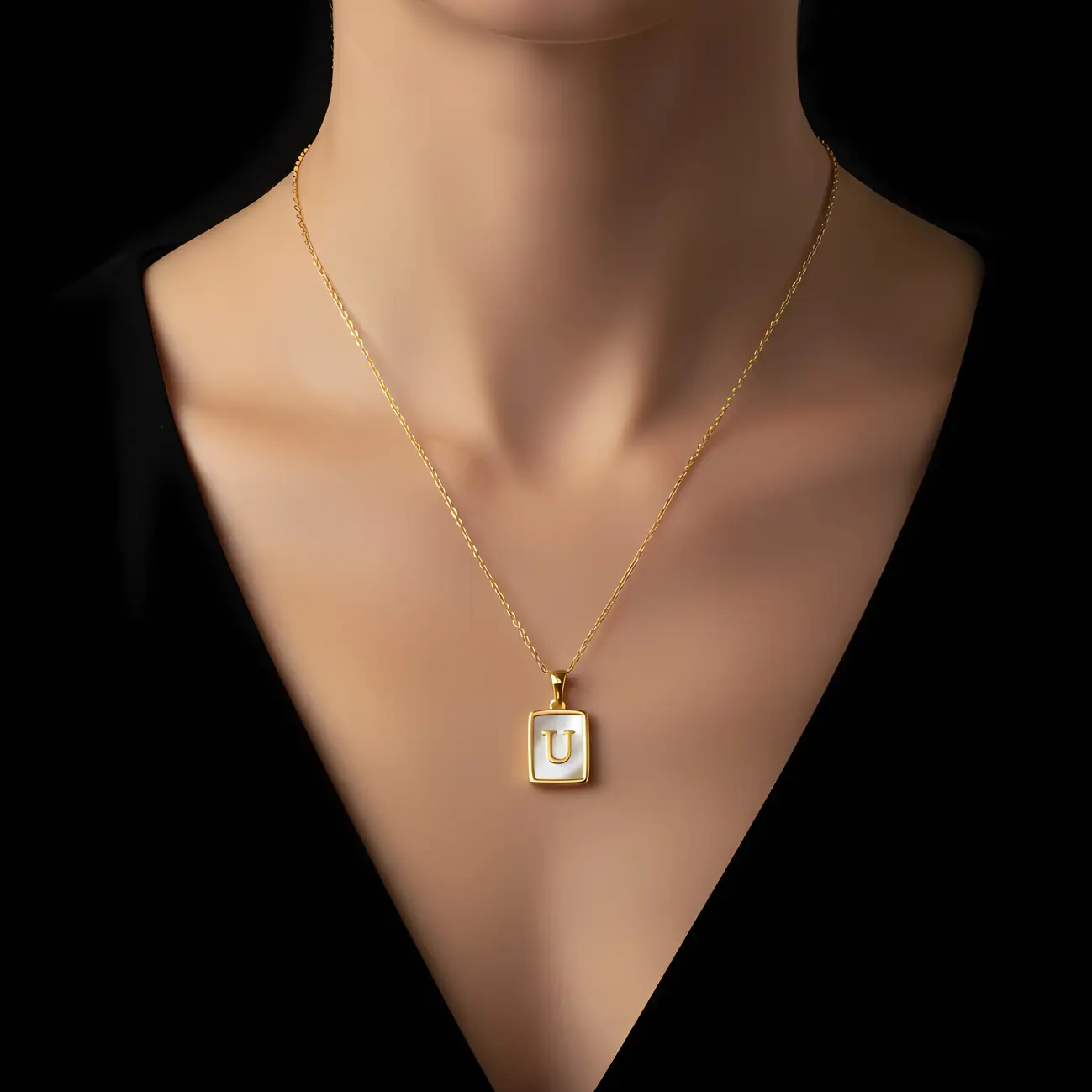Alternative view of Gold Initial Letter U Mother of Pearl Rectangle Pendant Necklace