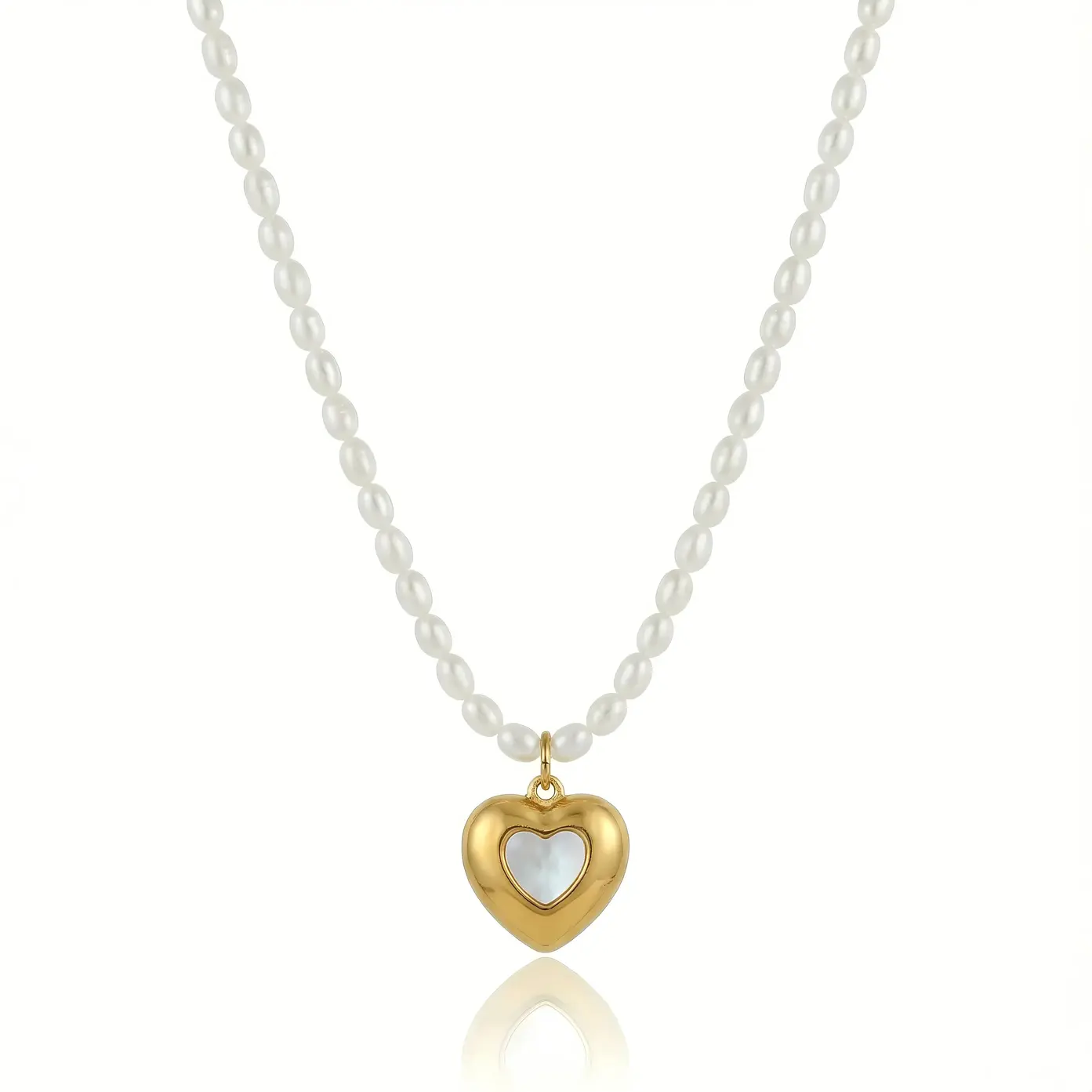 White Pearl Strand Necklace with Puffy Heart Shell Pearl Center Charm