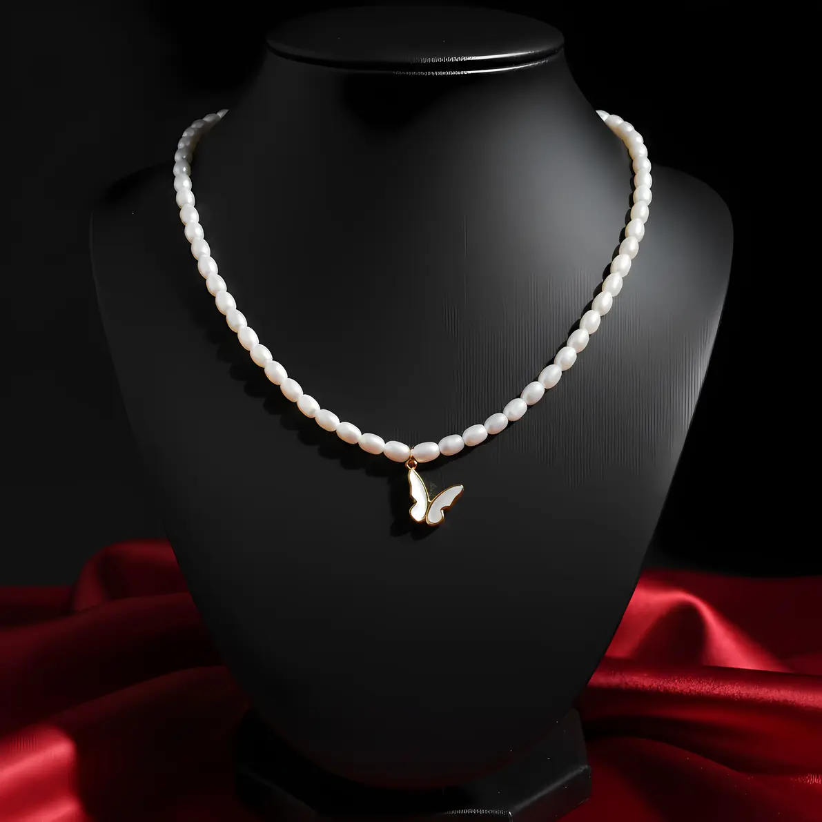 White Pearl Strand Necklace with Shell Pearl Butterfly Charm - Image 3