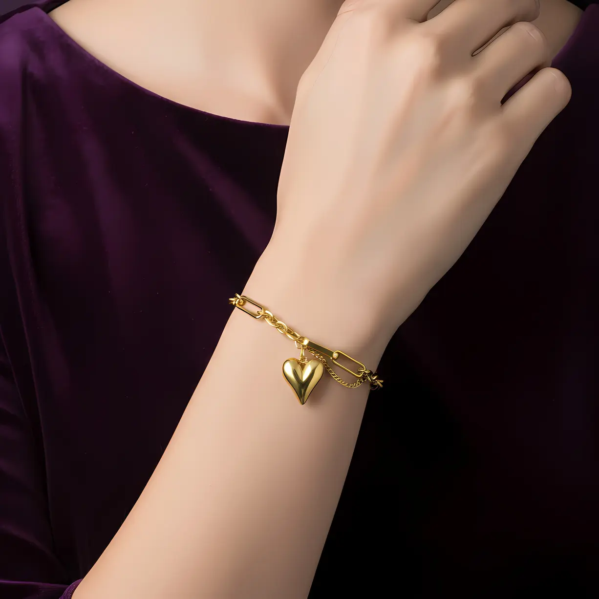 Alternative view of Gold Link Bracelet with Bar Chain & Heart Charm