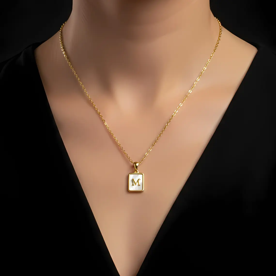 Alternative view of Gold Initial Letter M Mother of Pearl Rectangle Pendant Necklace