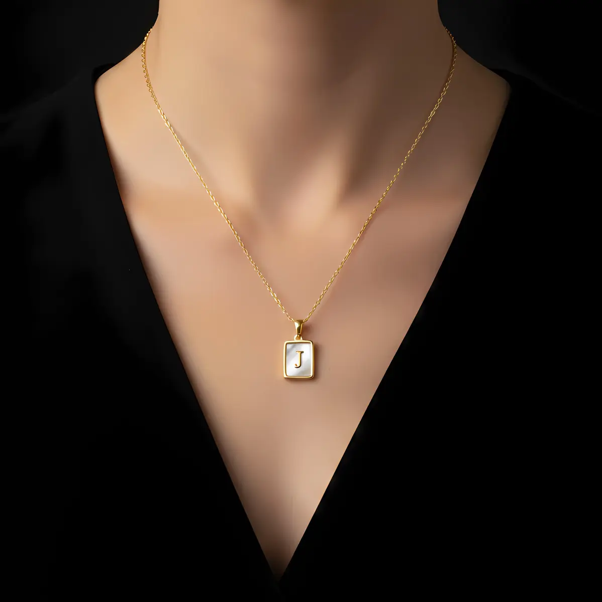 Alternative view of Gold Initial Letter J Mother of Pearl Rectangle Pendant Necklace