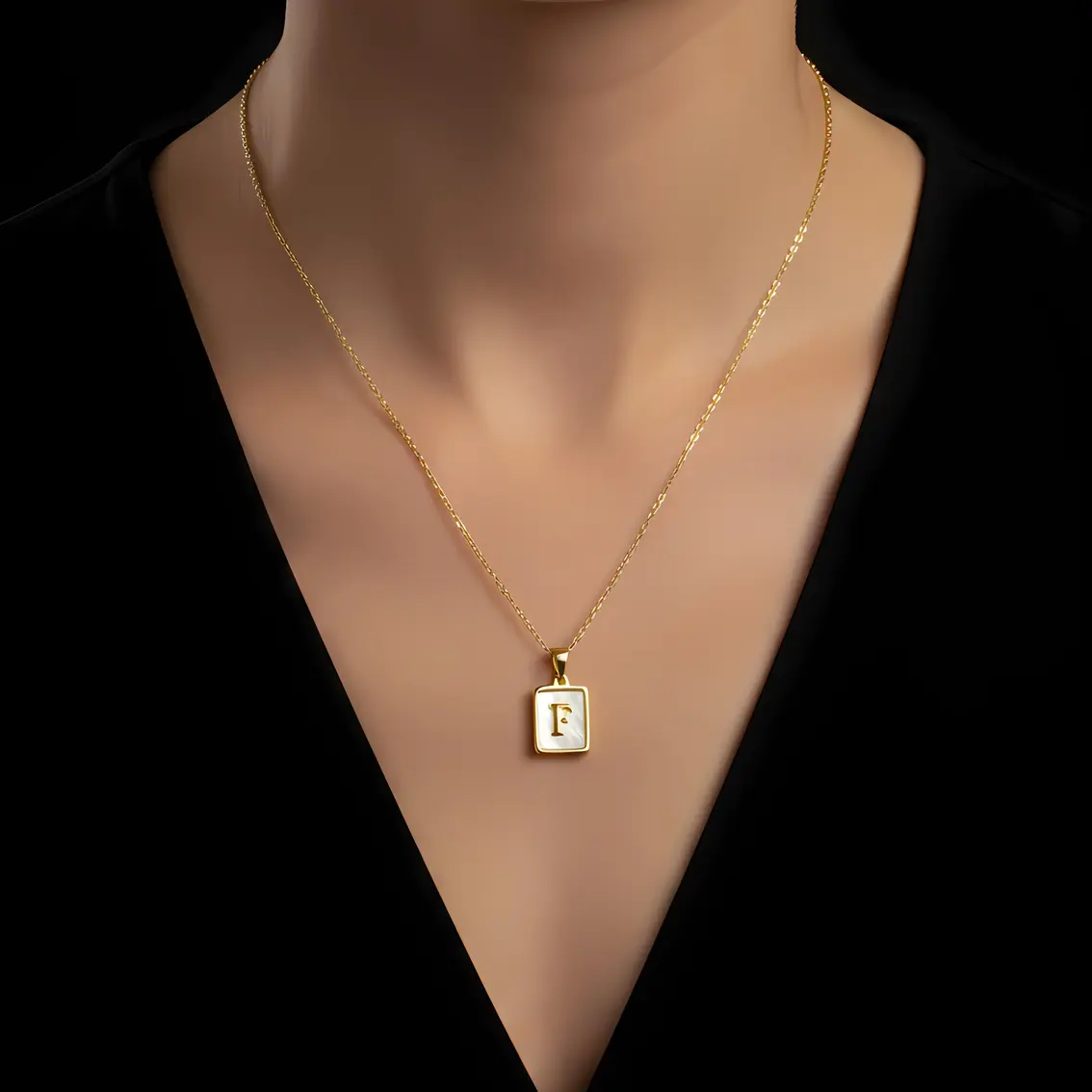Alternative view of Gold Initial Letter F Mother of Pearl Rectangle Pendant Necklace