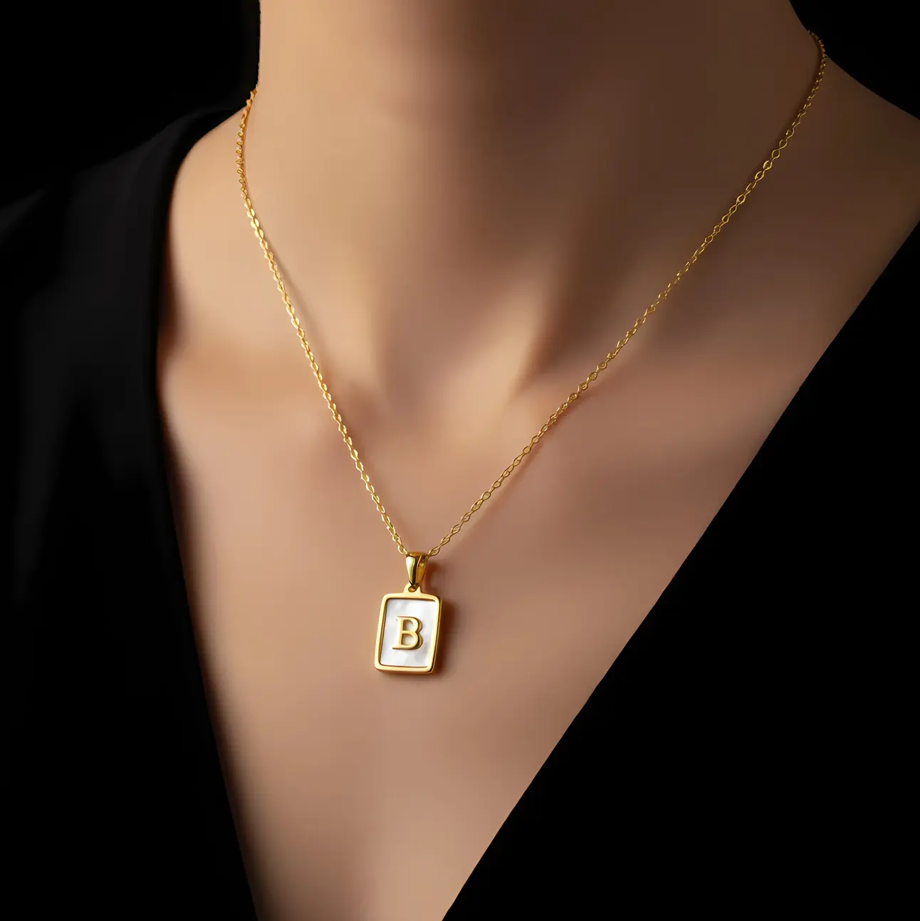 Gold Initial Letter B Mother of Pearl Rectangle Pendant Necklace - Image 3